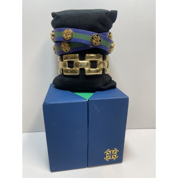 Rustic Cuff Gold Metal Cuff & Double Wrap Leather Bracelet Set New - Picture 1 of 4